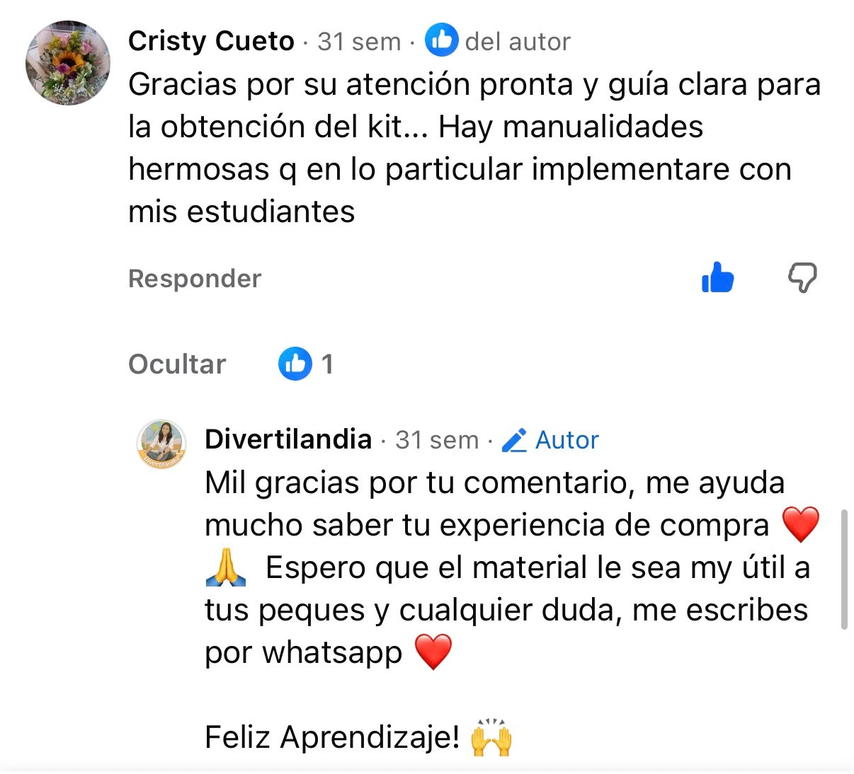 Captura de reseña de una clienta sobre los moldes y recursos de Mi Aula Bonita