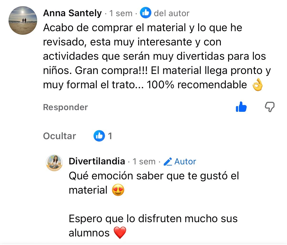 Captura de reseña positiva de una maestra sobre Mi Aula Bonita